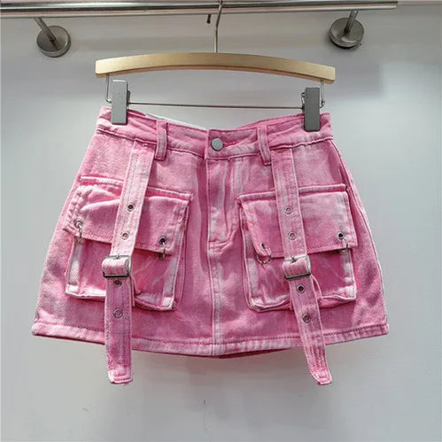 Retro Pink Large Pocket Denim Suit Spring Summer Sleeveless Short Vest High Waist Hip Wrapped Skirt 2 Pieces Sets Women Outfits Pink Skirt
