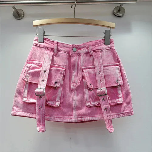 Retro Pink Large Pocket Denim Suit Spring Summer Sleeveless Short Vest High Waist Hip Wrapped Skirt 2 Pieces Sets Women Outfits Pink Skirt