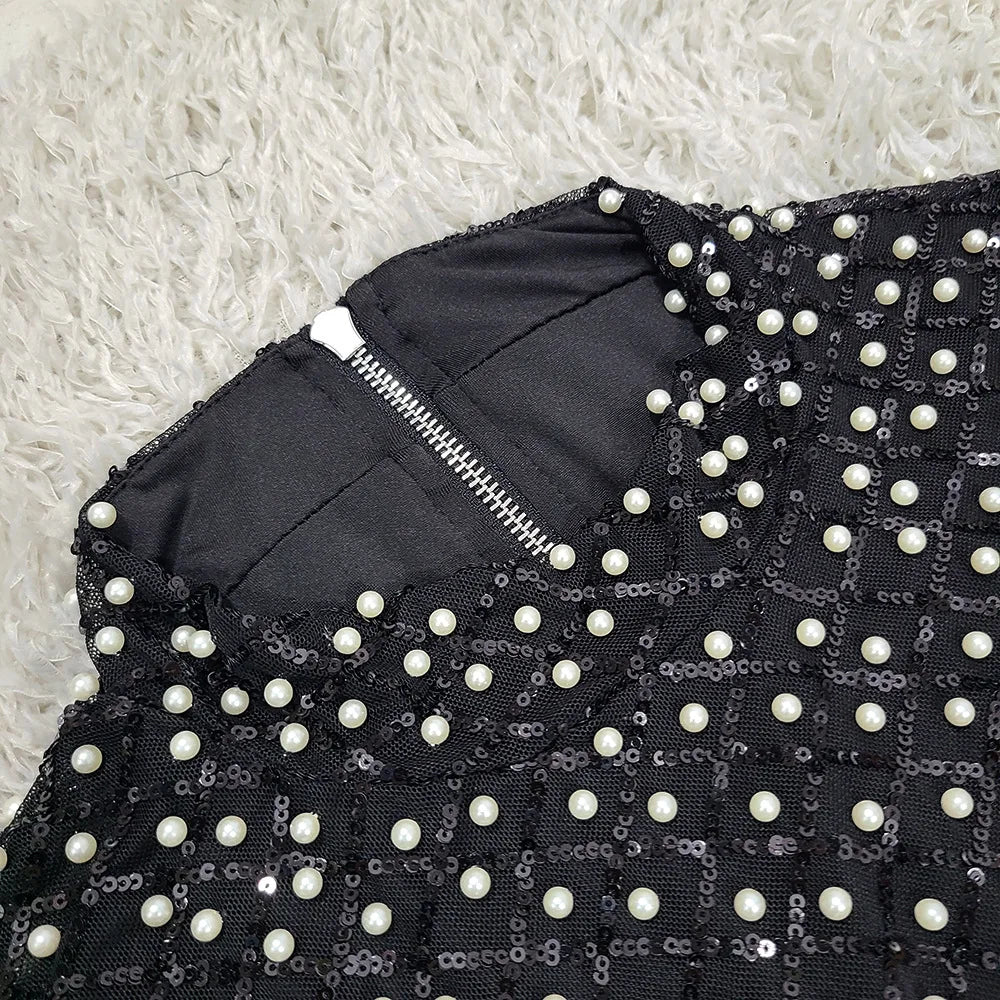 Women Long Sleeve Sexy Beading Tops 2 Pieces Bodycon Bandage Skirt Set Elegant Evening Party Celebrate Outfit