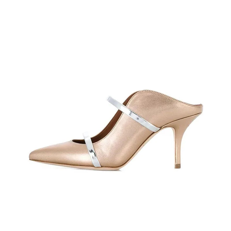 Silver Strappy Heeled Sandals Shallow Pointed Toe Heels Slip On Luxury Designer Shoes Sandalias De Mujer Zapatillas Summer 2025 as picture 1