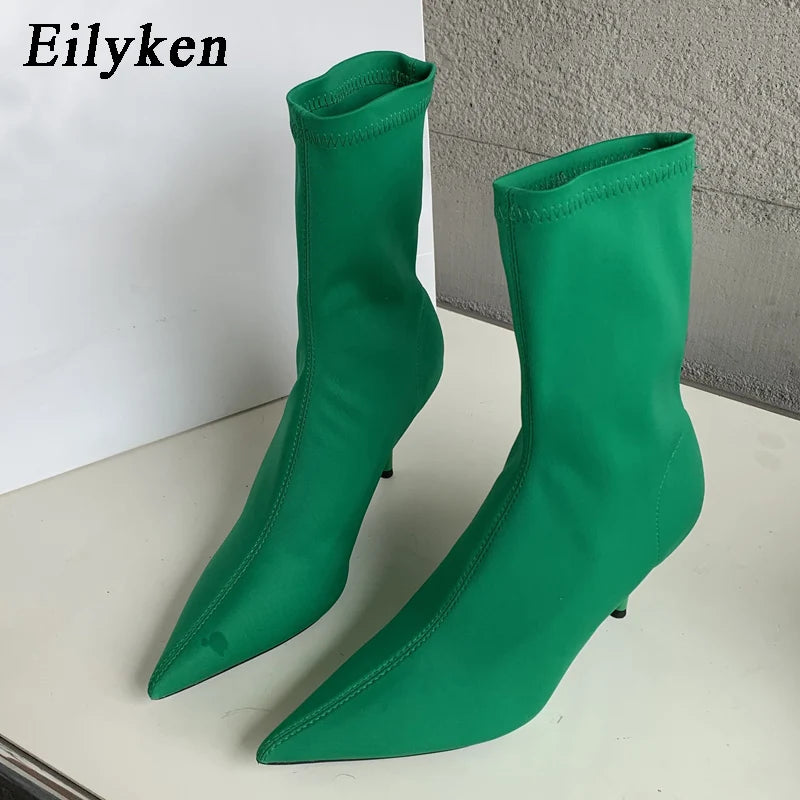 Eilyken 2025 New Spring Autumn Stretch Fabric Women Ankle Boots Sexy Pointed Toe High Heels Fashion Female Socks Pumps Shoes