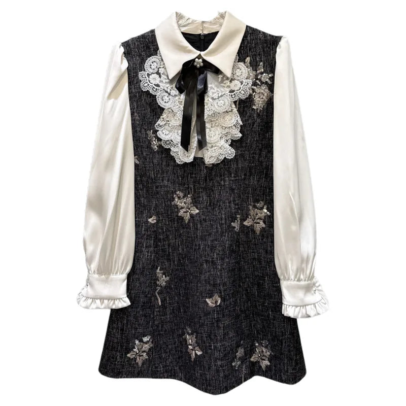Winter New Fashion Bow Beaded Embroidered Shirt Patchwork Fake Two-Piece Dress For Women Elegant Dresses 11A07866