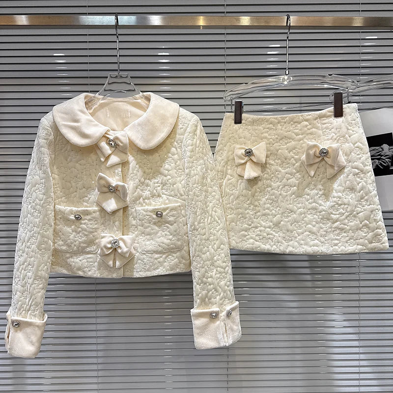 Winter New Fashion Elegant Rhinestone Velvet Quilted Jacket Bowknot Short Skirt Two-pieces Set For Women 11A07528 beige