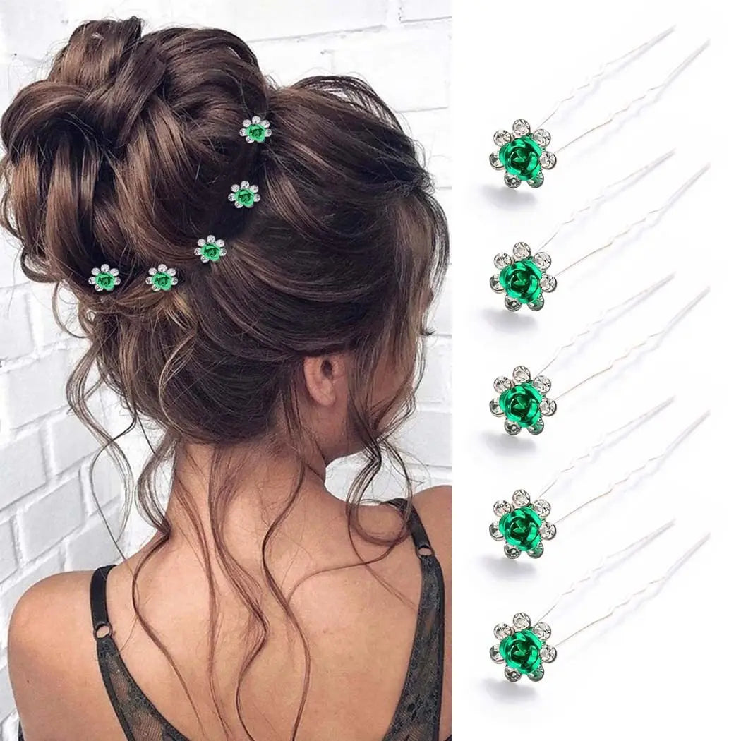 5pcs Women Hairpin Stick Wedding Bridal Green Crystal Pearl Hairpin U Shaped Hair Clip Barrettes Hair Accessories Wholesale