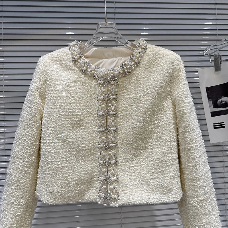 Winter New Fashion Elegant Fox Fur Sleeve Rhinestone Edge Cotton Inner Short Coat For Women High Waist Jacket 11A07769