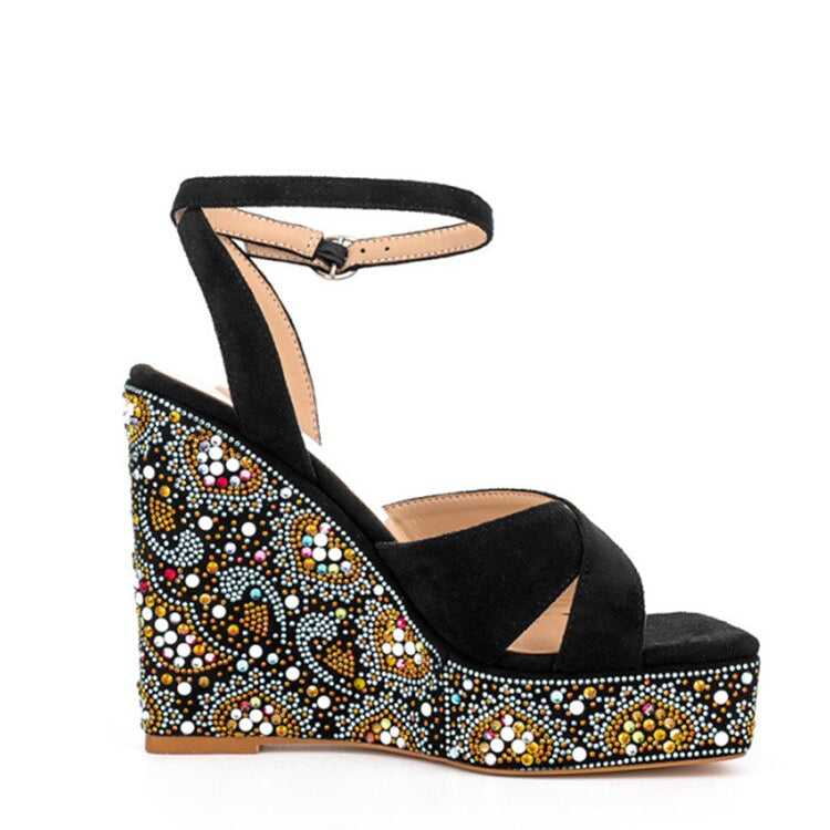 Summer New Suede Thick Bottom Wedge Sandals Round Head Diamond Inlaid Super High Heel Buckle Platform Fashion Sandals N56 black