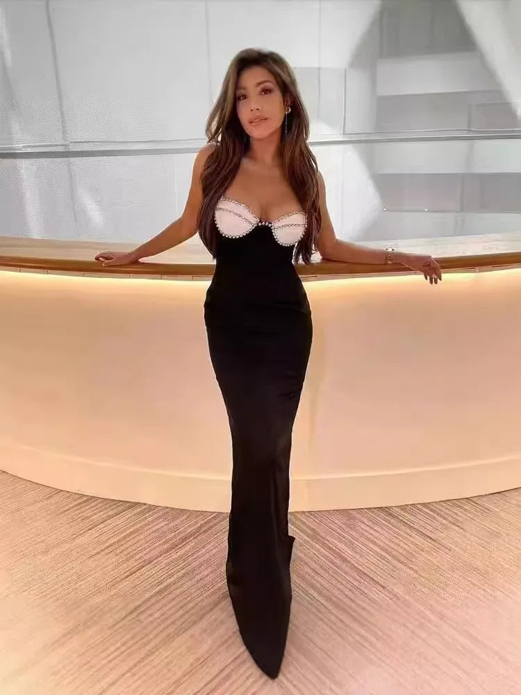 Black Red Color Women Sleeveless Sexy Strap Square Collar Bodycon Long Bandage Dress Fashion Celebrate Nightclub Party Outfit black