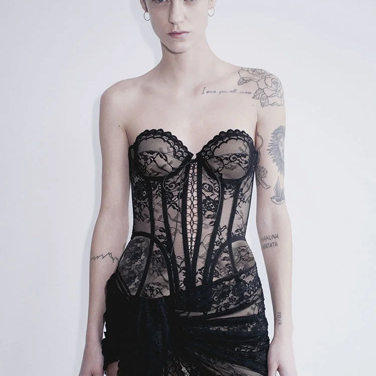 VC Fashion Black Lace Strapless Corset Mini Dress with Asymmetrical Skirt for Fashion-Forward Events Evening Gown