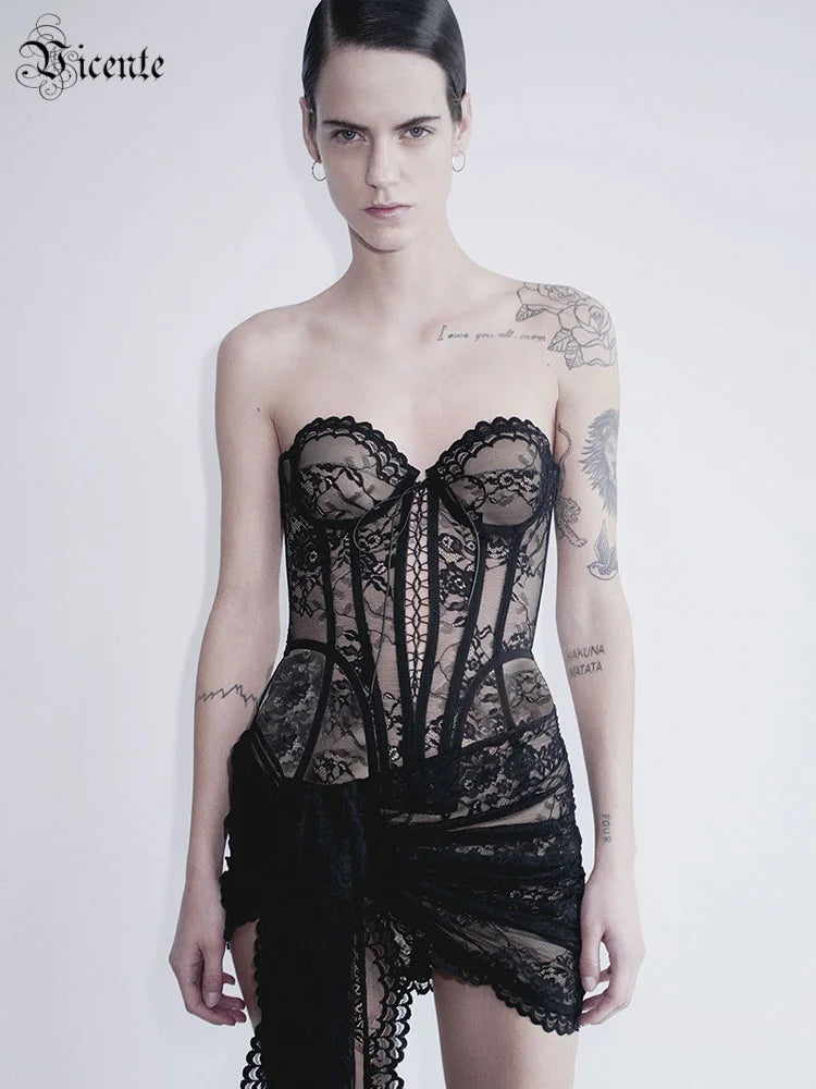 Fashion Black Lace Strapless Corset Mini Dress with Asymmetrical Skirt for Fashion-Forward Events Evening Gown