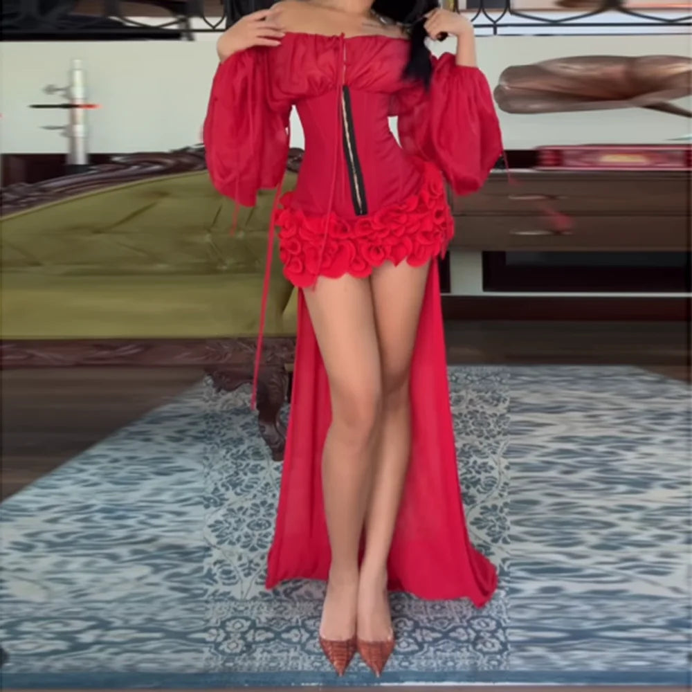 Solid Slimming Spliced Lace Up Mini Dresses for Women Slash Neck Long Sleeves Patchwork Fungus Folds Dress Female RED