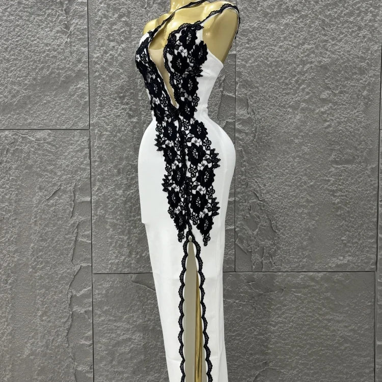 Top Women Sexy One Shoulder Black Lace Bodycon Long Bandage Dress Fashion Celebrate Evening Party Birthday Outfit