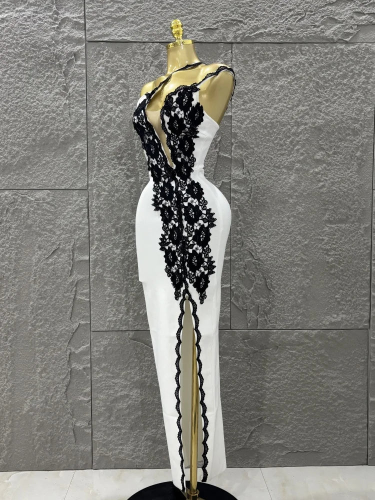 Top Women Sexy One Shoulder Black Lace Bodycon Long Bandage Dress Fashion Celebrate Evening Party Birthday Outfit