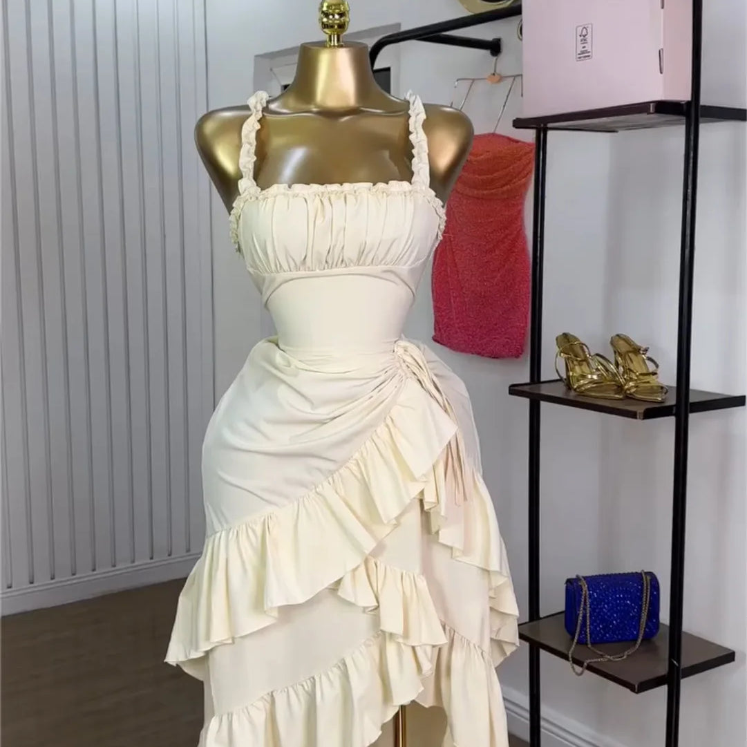 Women Strap Slash Neck Cascading Ruffles Drawstring Ruched Up Long Maxi Dress 2025 Birthday Evening Sexy Dresses Vestido