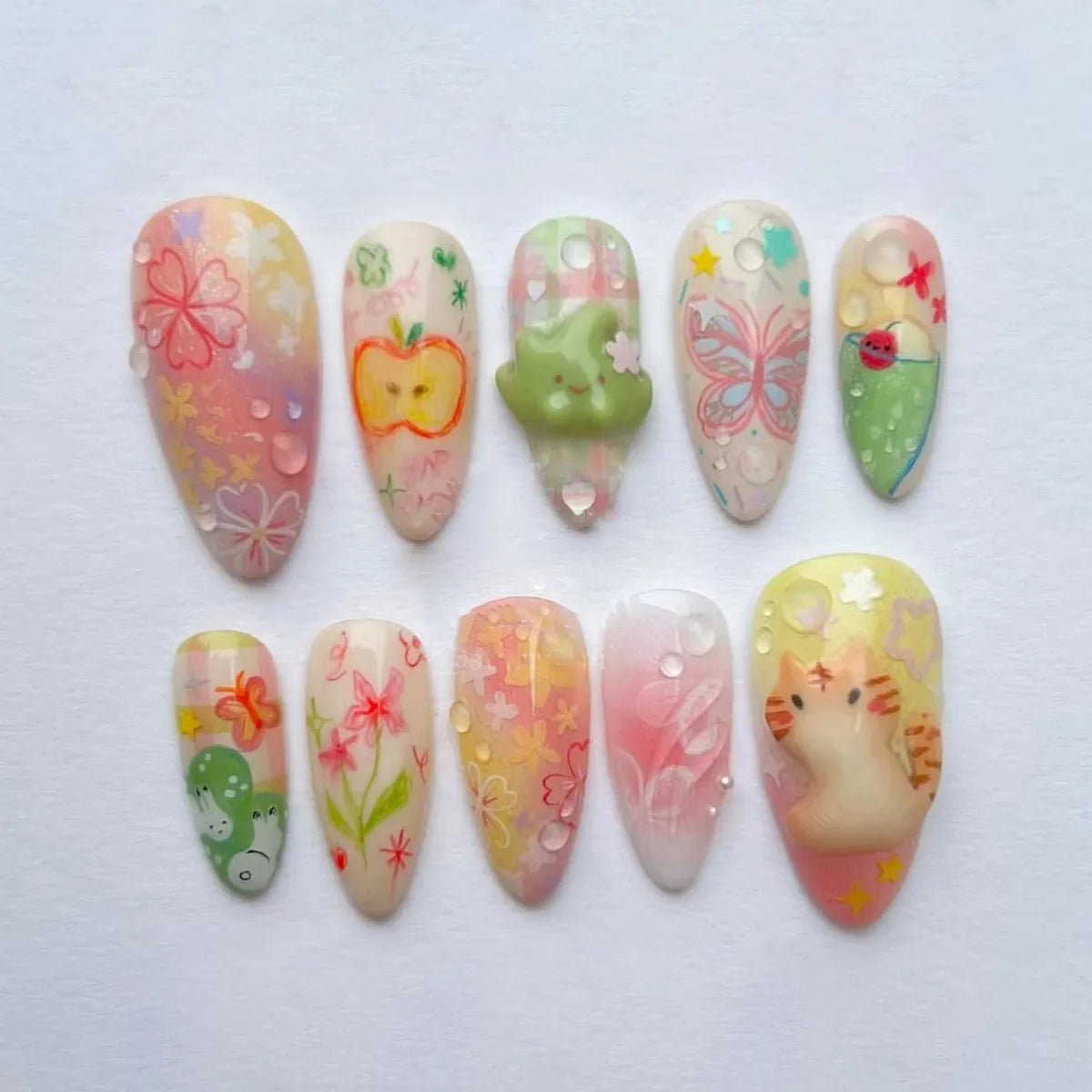 24Pcs Green Oval False Nails with Strawberry Design Wearable Mid-length Almond Press on Fake Nails Rabbit Pattern Nail Art Tip 2050