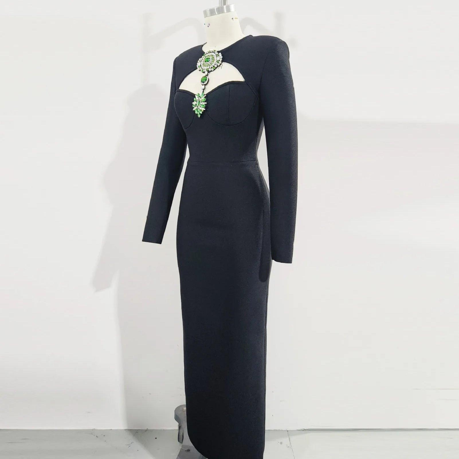 Top Women Long Sleeve Shinning Crystal Keyholes Bodycon Bandage Long Dress Elegant Evening Party Celebrate Outfit