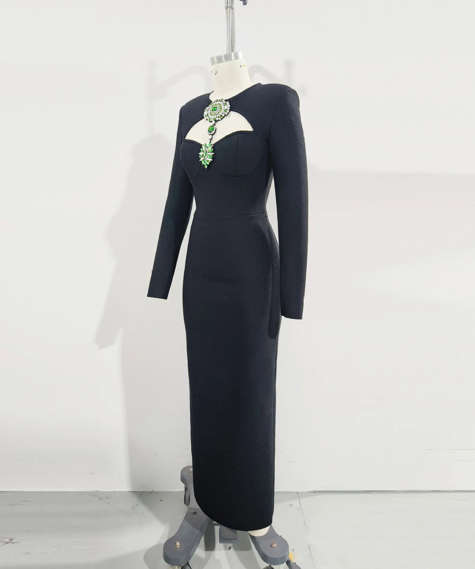 Top Women Long Sleeve Shinning Crystal Keyholes Bodycon Bandage Long Dress Elegant Evening Party Celebrate Outfit