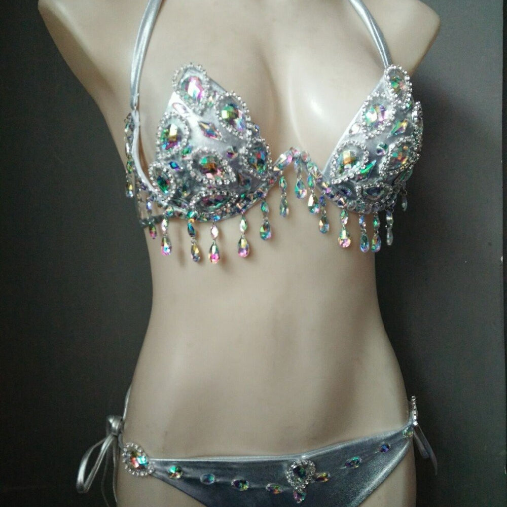 Sexy Women's Gathered Swimsuit Push Up Rhinestone Triangle Bikini Luxury Crystal Diamond Girls Swimwear Silver