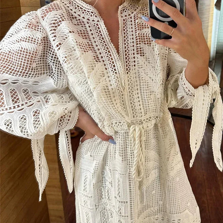 Casual Knit Hollow Out Patchwork Maxi Dress For Women O-neck High Waist Drawstring Lantern Sleeve Dresses Summer Beach Lady Robe White 1