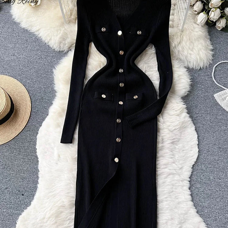 SINGREINY Winter Slim Design Knitted Dress V Neck Single Breasted A Line Split Midi Dress Long Sleeve Women Sweater Long Dress black One Size