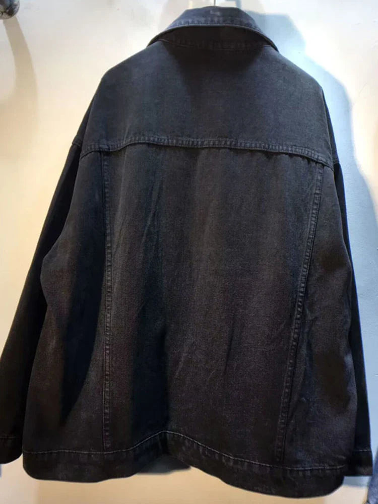 DEAT Women's Denim Coat Wash Black Beading Flowers Diamonds Patchwork Loose Long Sleeve Jackets Summer New Fashion 29L3587