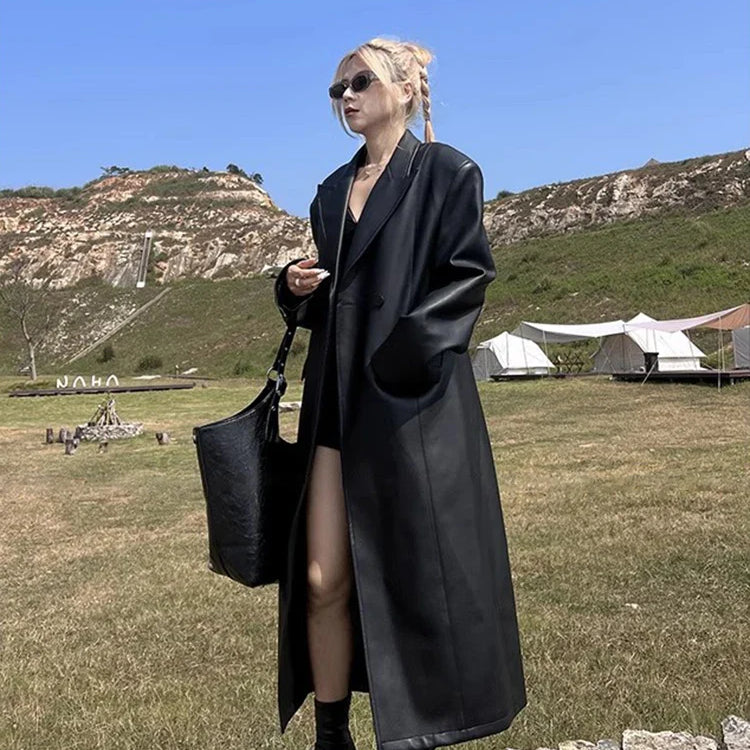 Spring Autumn Extra Long Black Loose Pu Leather Trench Coat for Women Shoulder Pads Double Breasted Faux Leather Blazer