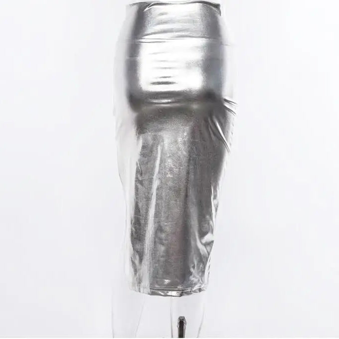 Sexy bodycon split silver skirt Women high waist skirt winter Female Elegant Fashion party bottom long skirts