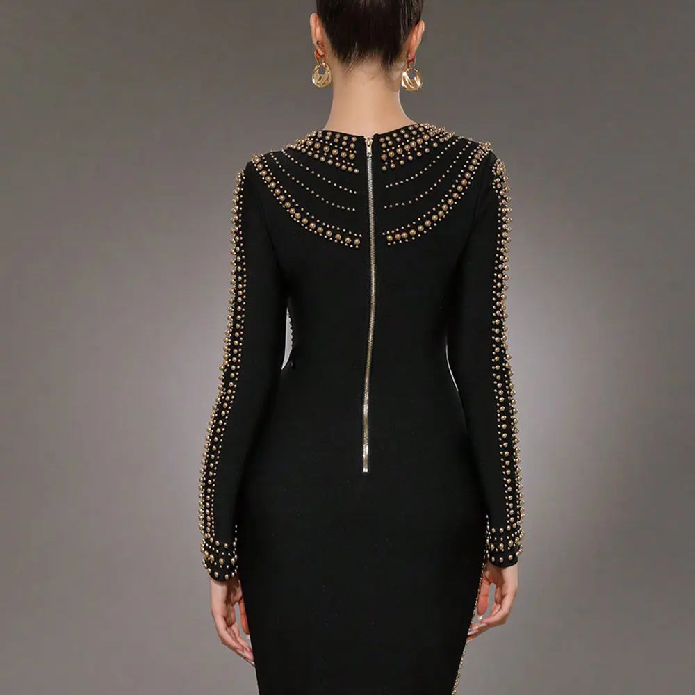 2025 Elegant Women's Light Luxury Rivet Design Bandage Dress O-neck Long Sleeve Bodycon Black Mini Dress Evening Party Vestidos