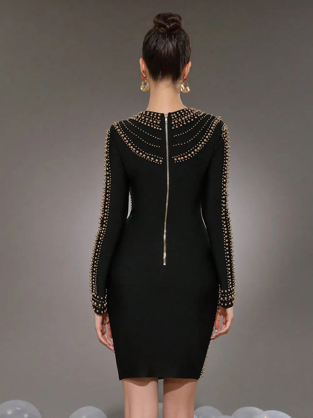 2025 Elegant Women's Light Luxury Rivet Design Bandage Dress O-neck Long Sleeve Bodycon Black Mini Dress Evening Party Vestidos