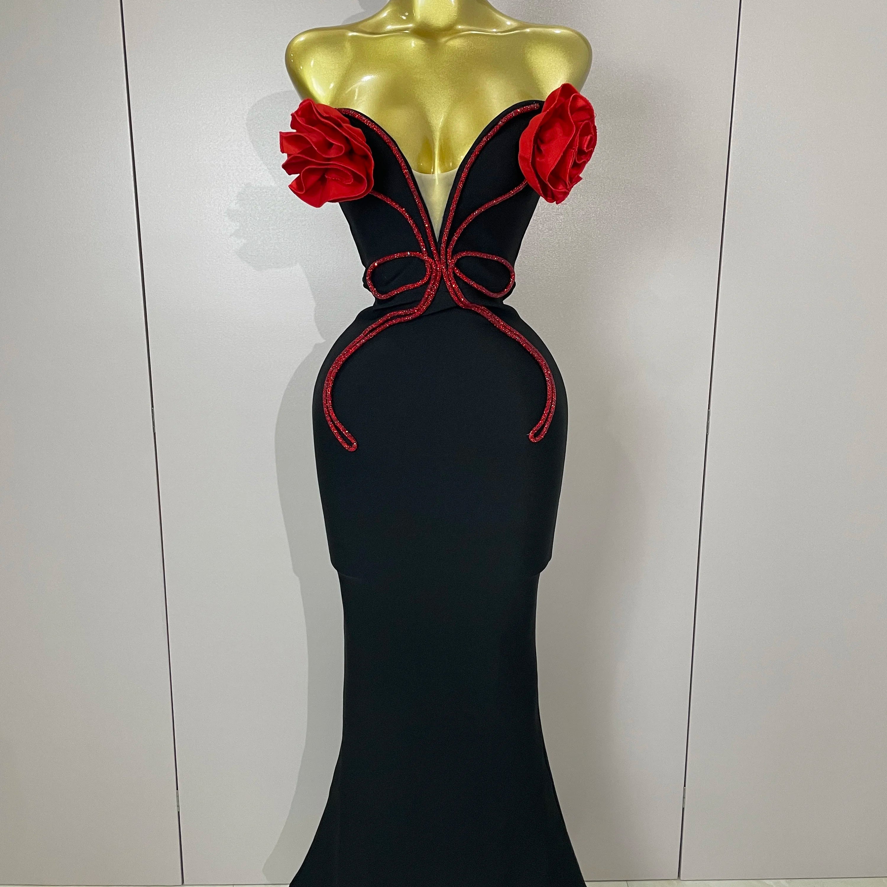 2025 black Off Shoulder Red Flower Bandage Long Dress Women Elegant Fshion Celebrity Party Dress black