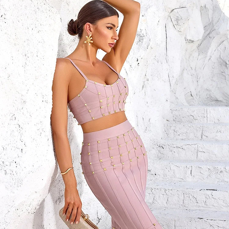 VC Chic Pink Studded Crop Top and Skirt Set for a Trendy Rooftop Party Evening Gown Dress