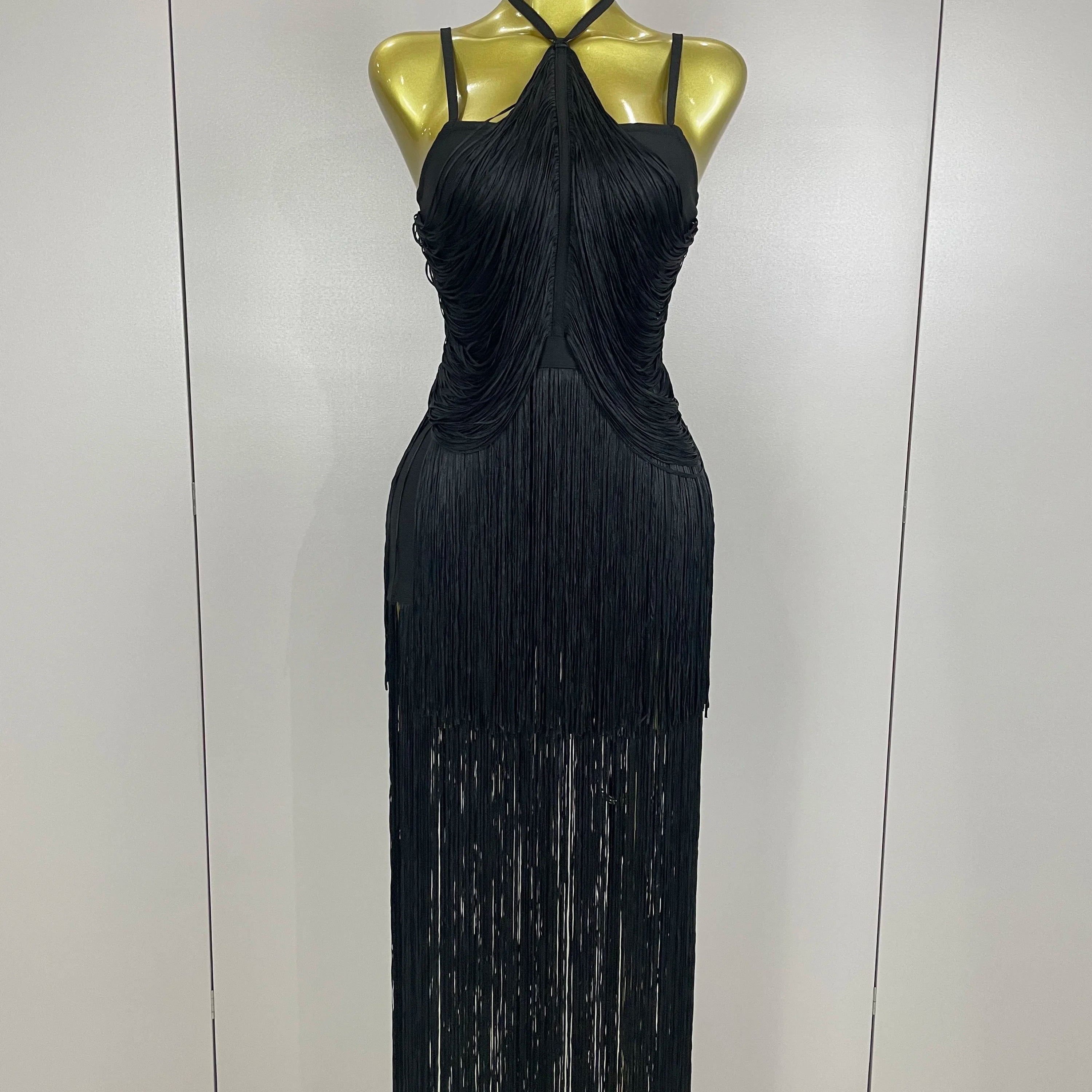 Sexy Backless Green Tassel Ankle Bodycon Bandage Dress 2025 Women Celebrity Elegant Evening Club Luxury Birthday Party Outfit black