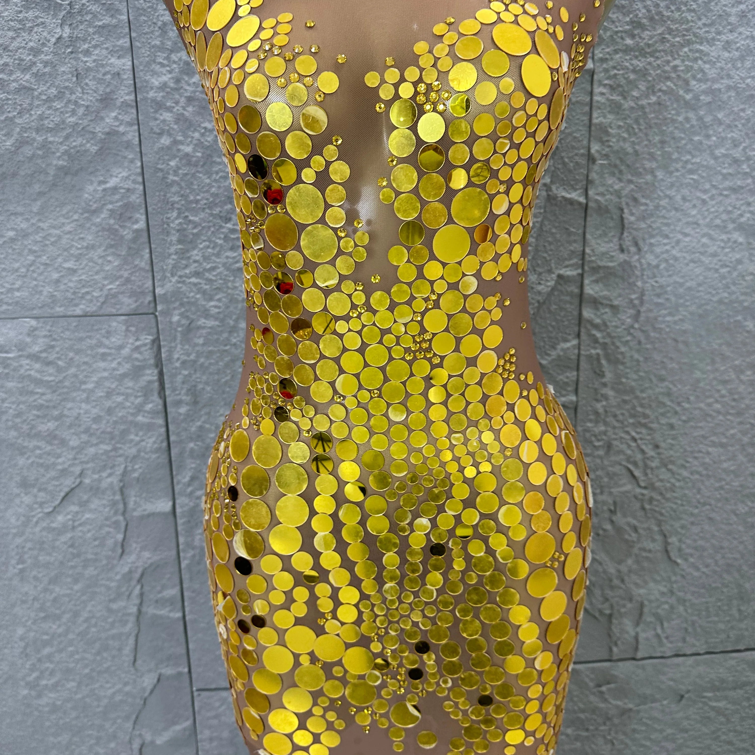 Opulent Nude Sleeveless Women Gold Sequin Dot Embellished Bodycon Stage Performance Costume Formal Event Party Costume