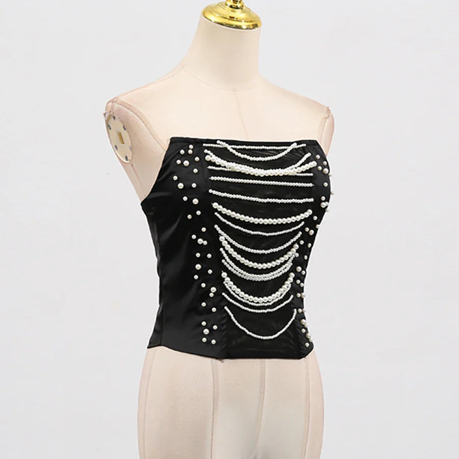 Solid Slimming Spliced Chain Tanks for Women Strapless Sleeveless Patchwork Bead Tank Female Fashion Clothing New