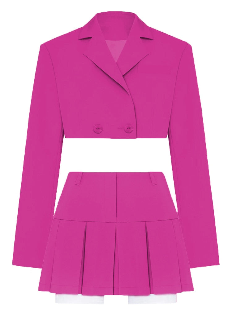 Taruxy Casual Two Piece Sets Women's Fall Outfits 2022 New Black Matching Sets With Skirt And Blazer Cropped Top Suit For Women Rose Red Suit