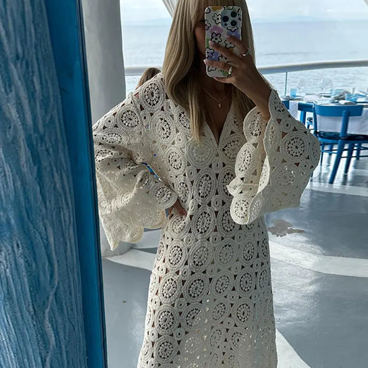 Elegant Hook Flower Hollowed Out Midi Dress Women V Neck Long Flare Sleeves Loose Robes New Fashion Female Vacation Vestido White