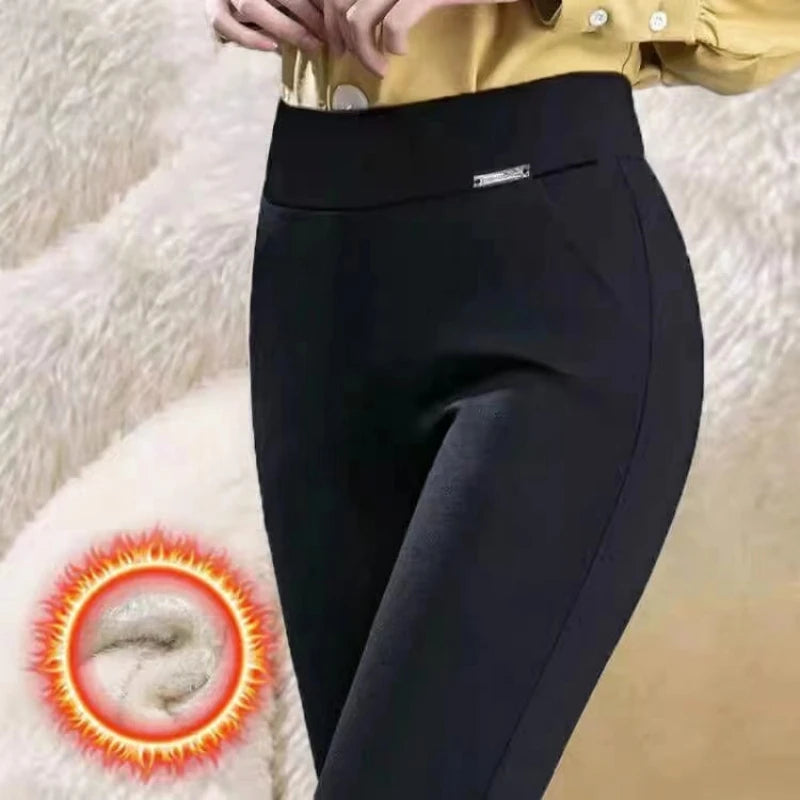 Winter Fleece Lined Wide Leg Pants CasualThicken Warm Baggy Sweatpants Women HighWaist Korean Lamb Fluff Straight Pantalones Lamb-Fluff-Black