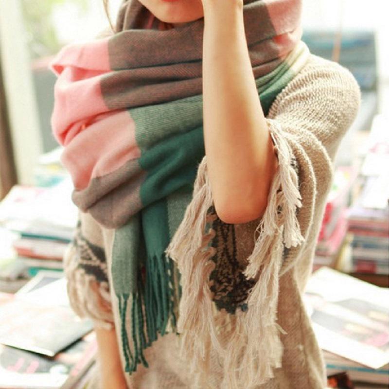 Winter Female Lattice Imitation Cashmere Scarf Autumn And Winter Thick Fashion Warm Wild Scarf Shawl Pink 180CM