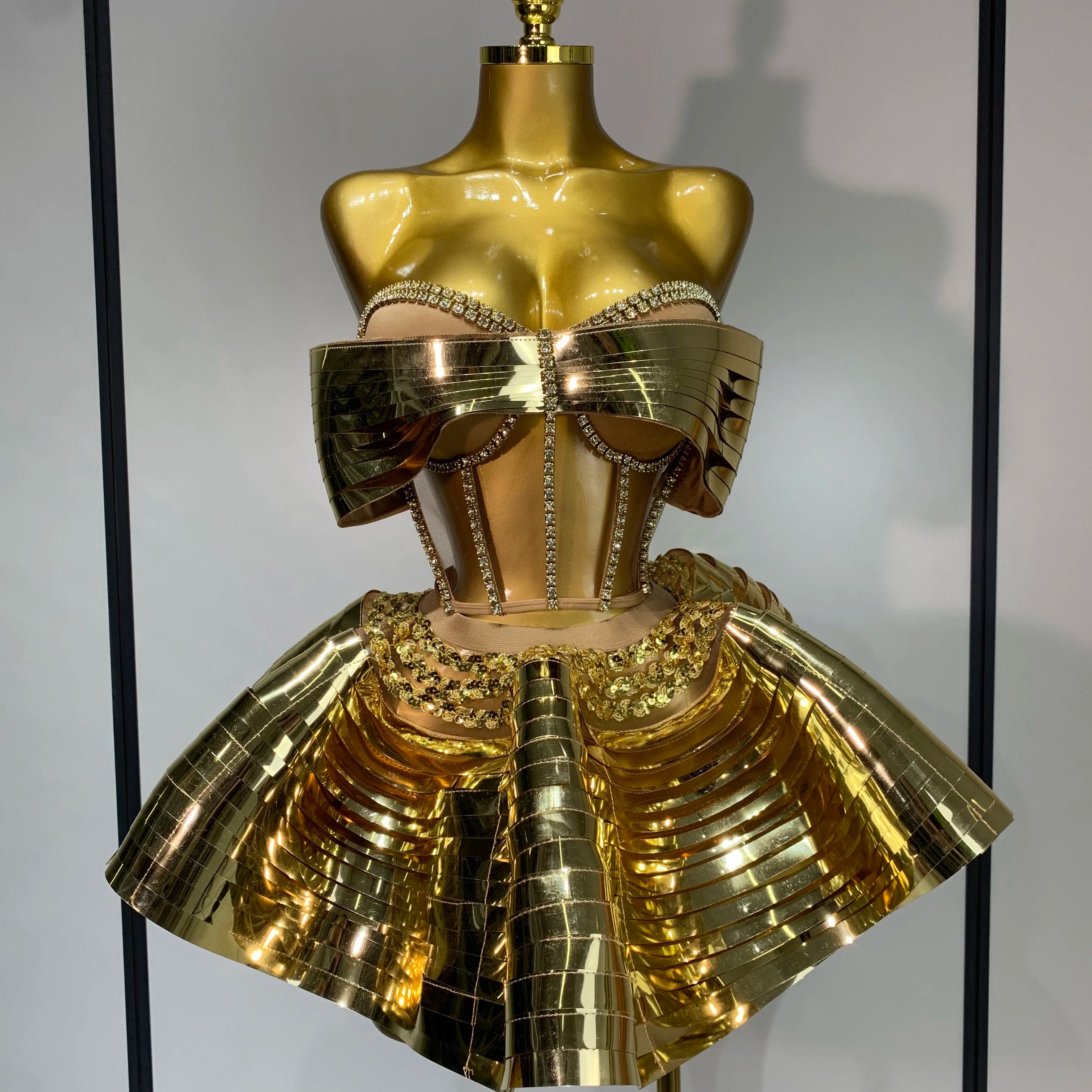 Women Stage Performance Costume Two Piece Set Silver Sequins Rhinestone Fancy Outfit Sexy Backless Shiny Birthday Party Dresses Gold