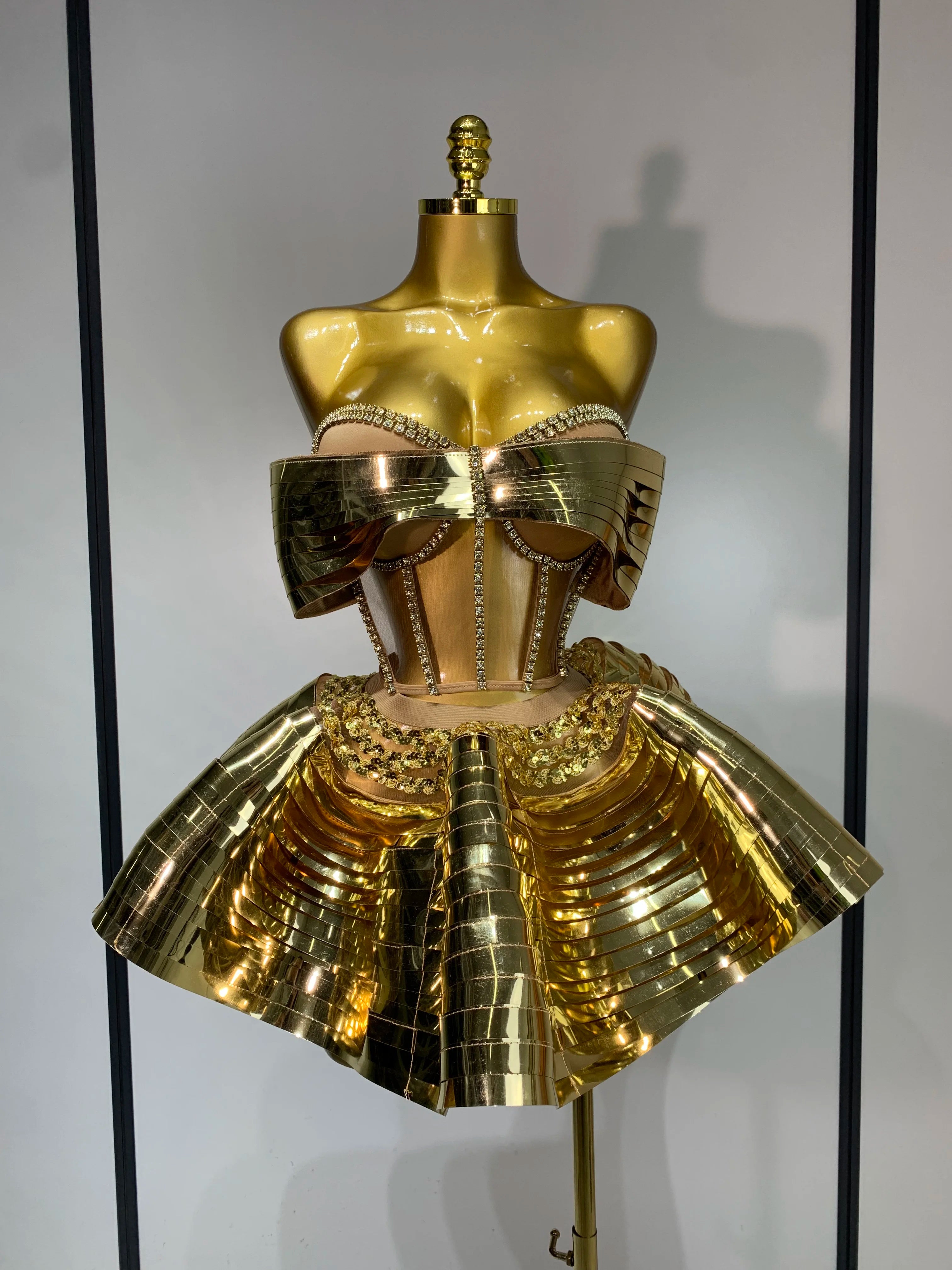 Women Stage Performance Costume Two Piece Set Silver Sequins Rhinestone Fancy Outfit Sexy Backless Shiny Birthday Party Dresses Gold