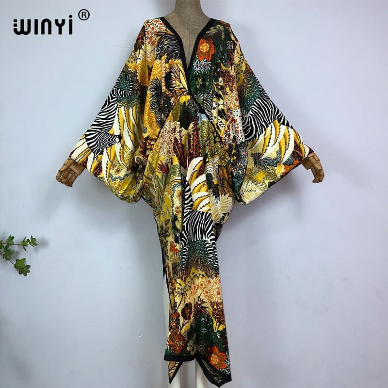 Sexy bech high-quality hand-rolled feel silk rayon fashion print 2024 WINYI Maxi Women's robes long beach V-neck Bohemian dress 8 One Size