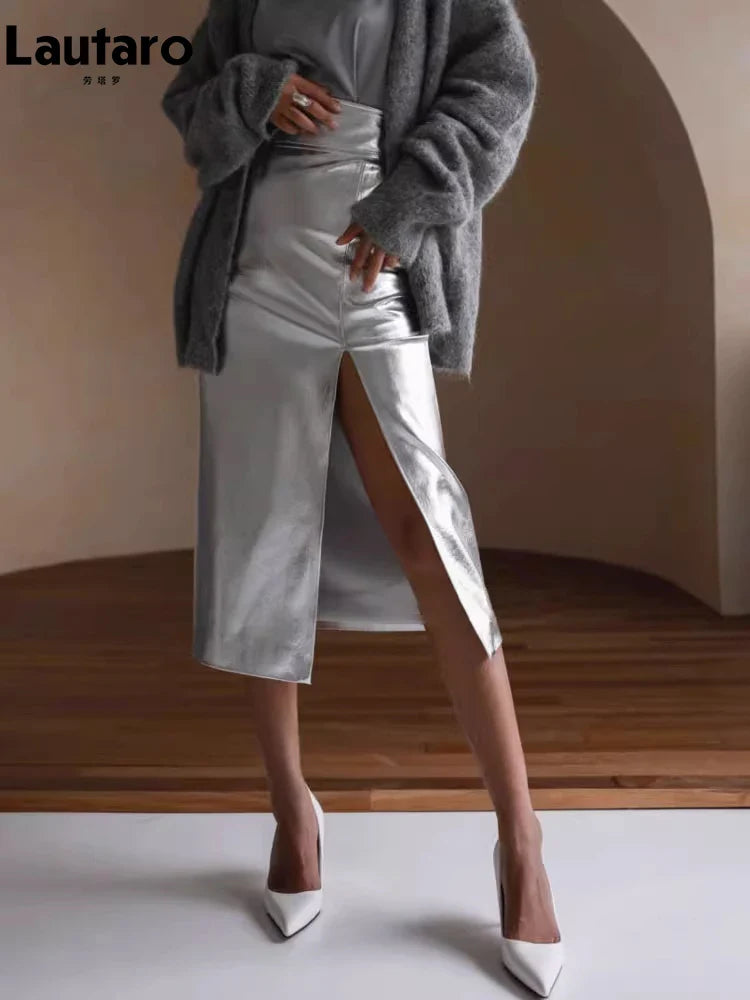 Spring Autumn Shiny Black Silver Golden Pu Leather Skirt Women Front Slit High Waist Long Luxury Designer Clothes 2023