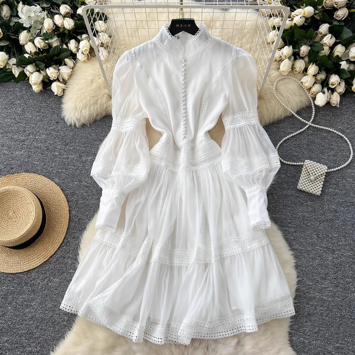 Autumn Elegant Hollow Out Embroidery Lace Splice Mini Dress Women's Stand Lantern Sleeve Buttons Evening Party Robe Vestidos white