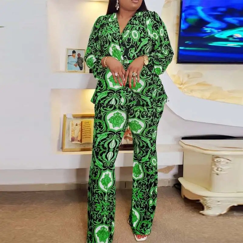 Plus Size 5XL VONDA Women Printed Pant Sets Summer Bohemian Suits Casual 2PCS Loose V-Neck Long Sleeve Tops and Trousers Sets green