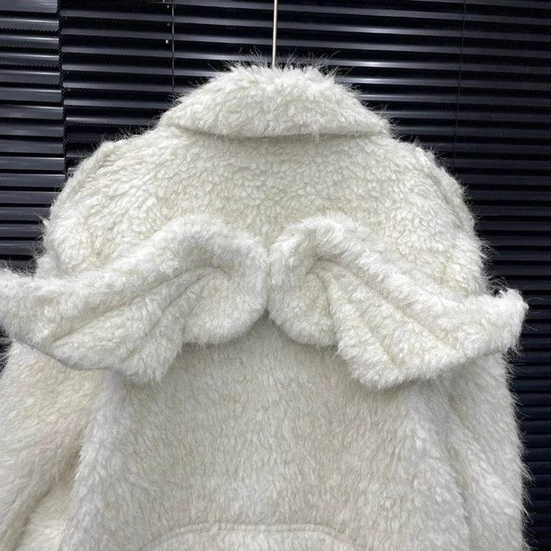 Autumn Winter New Fashion Wings Plush Warm Thickened Design Cotton Coat For Women Solid Color Jacket Female 11A07890