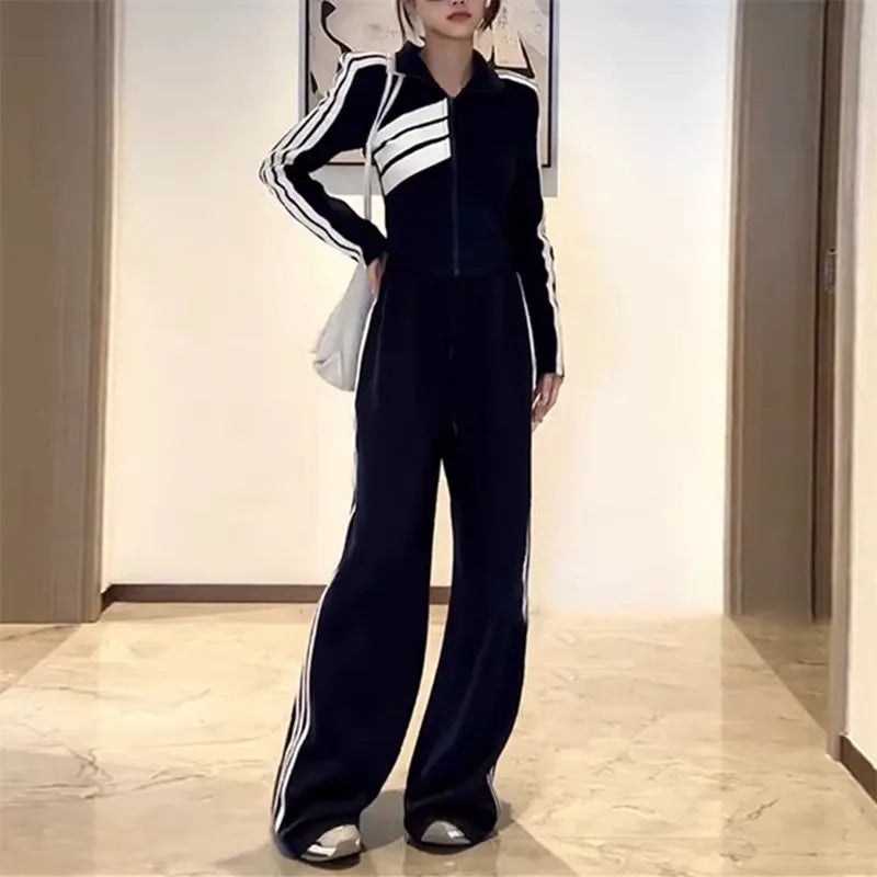 Striped Sports Set Women's Autumn/Winter Fashion Contrast Color Zipper Coat Long Sleeve Casual Wide Leg Pants Two Piece Set black