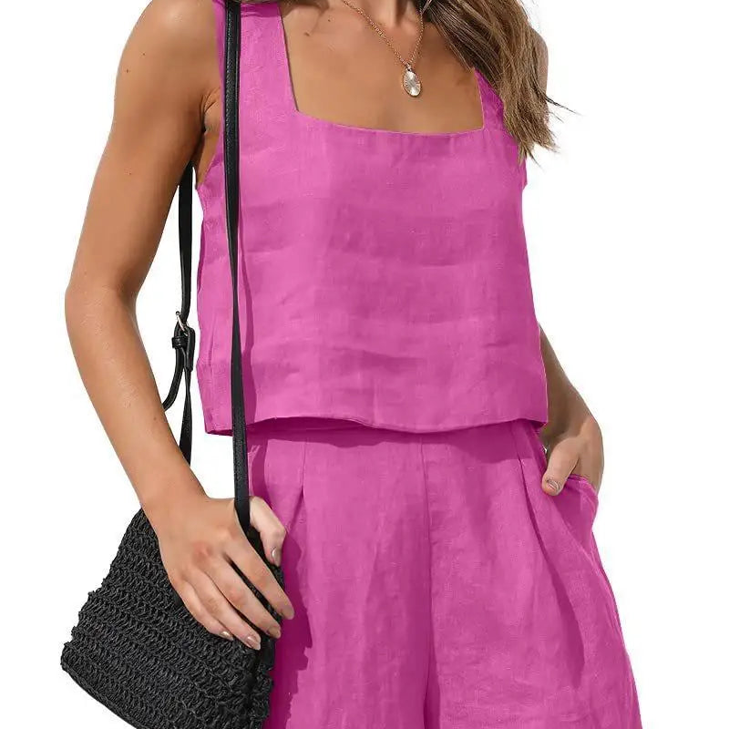 Short Suit Women 2 Pieces Set Vest Shorts Outfit Solid Color Sleeveless Spring Summer Pockets Casual Daily Linen Female Clothing Rose