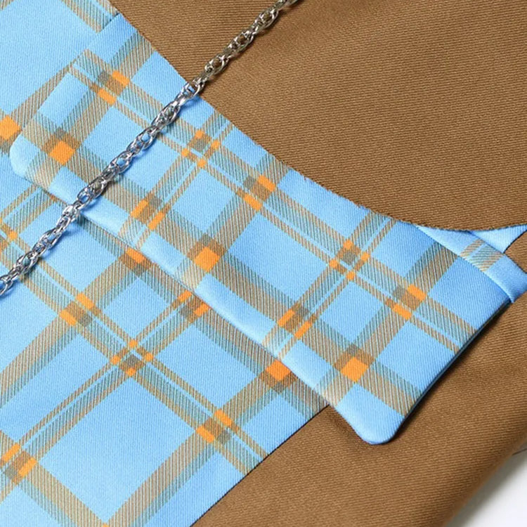 Colorblock Spliced Denim Blazers For Women Notched Collar Long Sleeve Patchwork Chain Chic Blazer Female Clothing