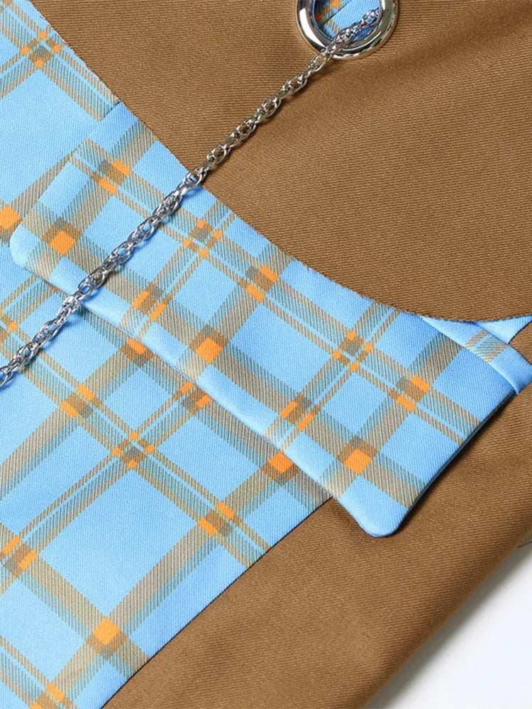 Colorblock Spliced Denim Blazers For Women Notched Collar Long Sleeve Patchwork Chain Chic Blazer Female Clothing