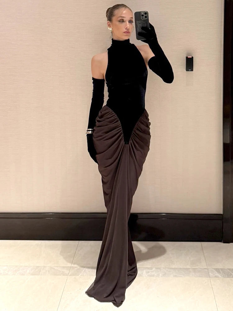 Glamorous Black and Brown Halter Gown with Velvet and Chiffon Combination for Luxury Galas Evening Gown