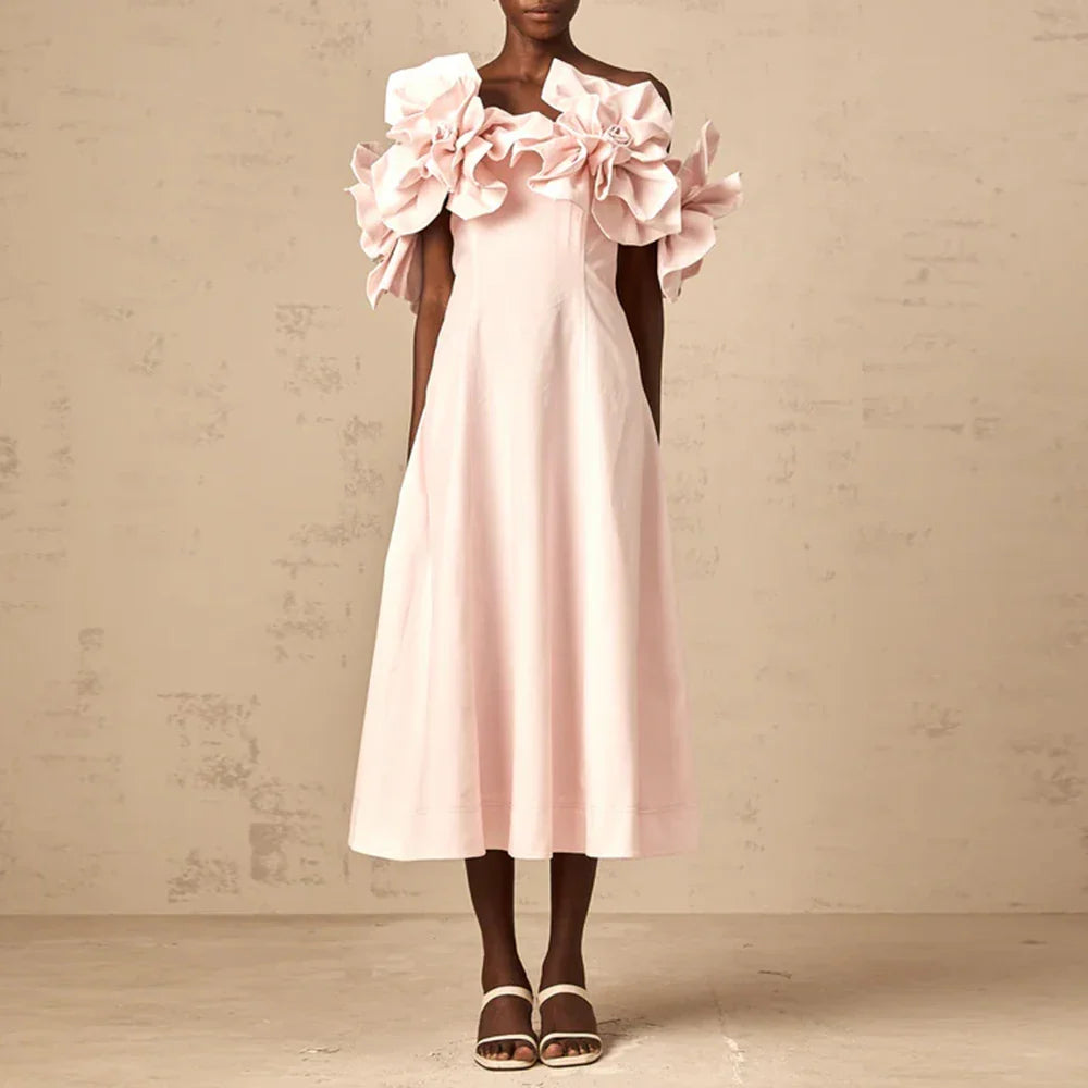 Solid Slimming Elegant Dresses for Women Strapless Off Shoulder Patchwork 3D Flowers Fashion Dress Female Clothing PINK